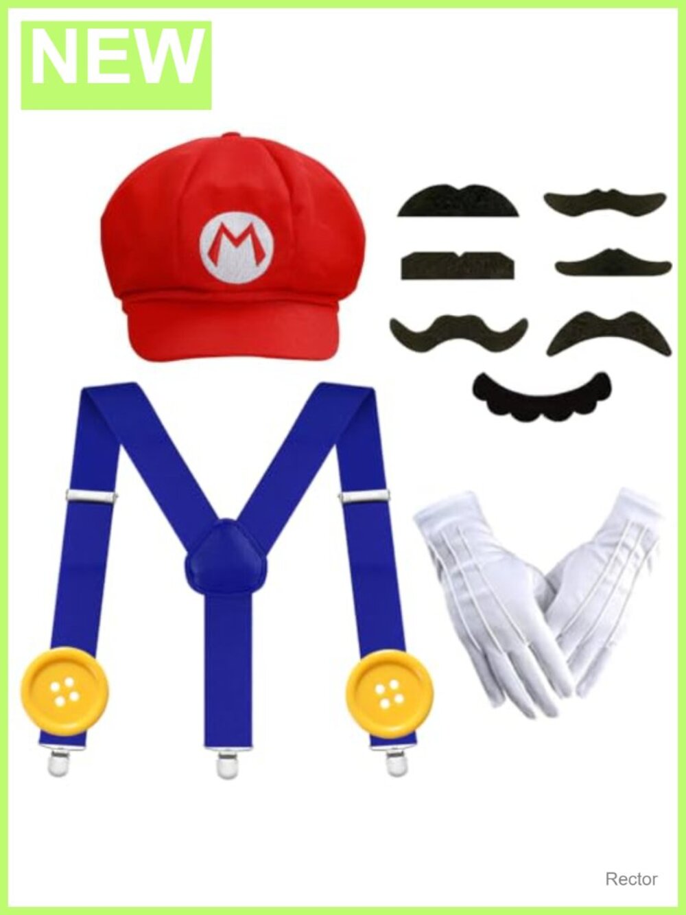 Super Bros Costume Kit Hat Mustache Gloves Buttons Cosplay Adult